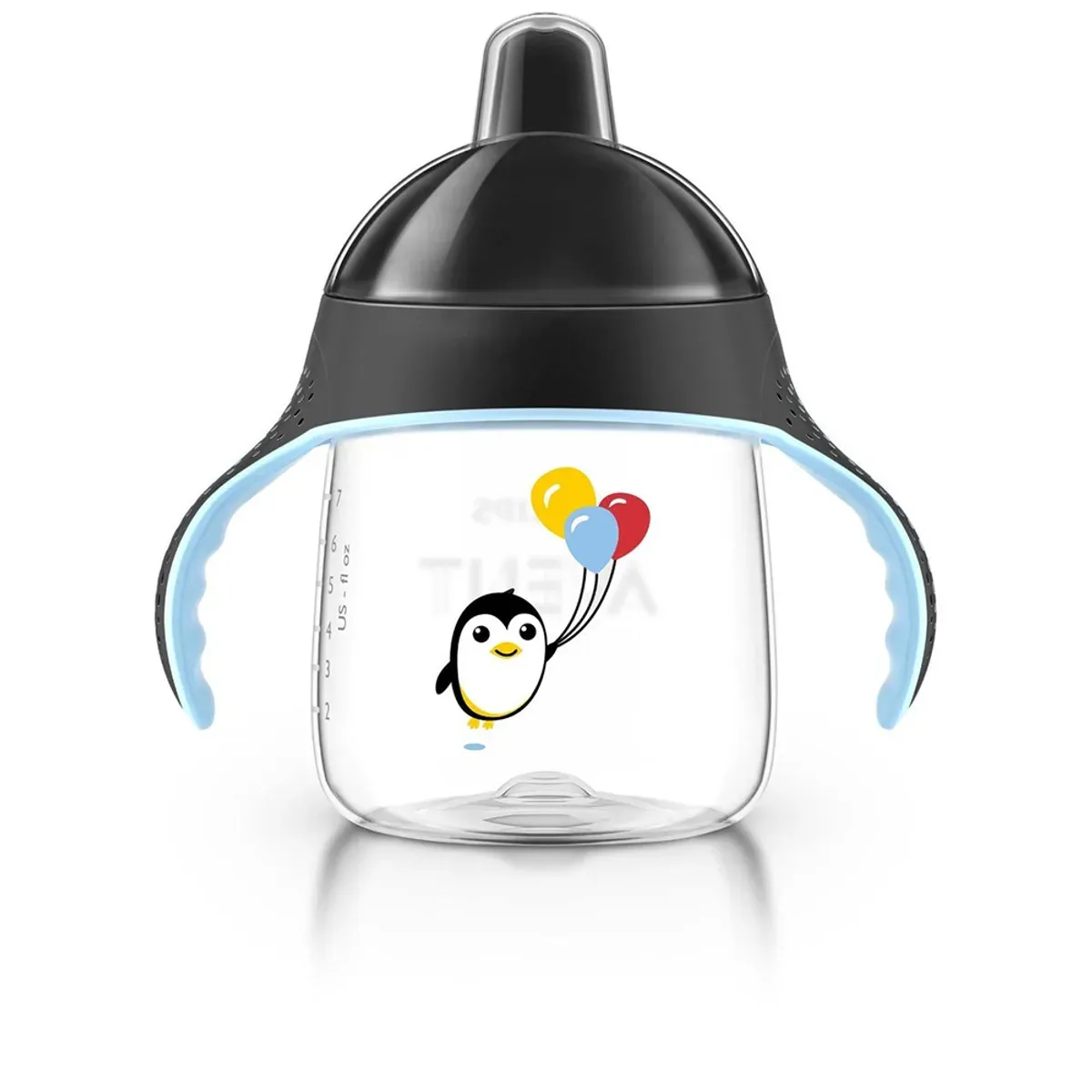 لیوان My Penguin فیلیپس اونت مشکی با نوک سخت، دسته‌های آبی و طرح پنگوئن حامل بادکنک