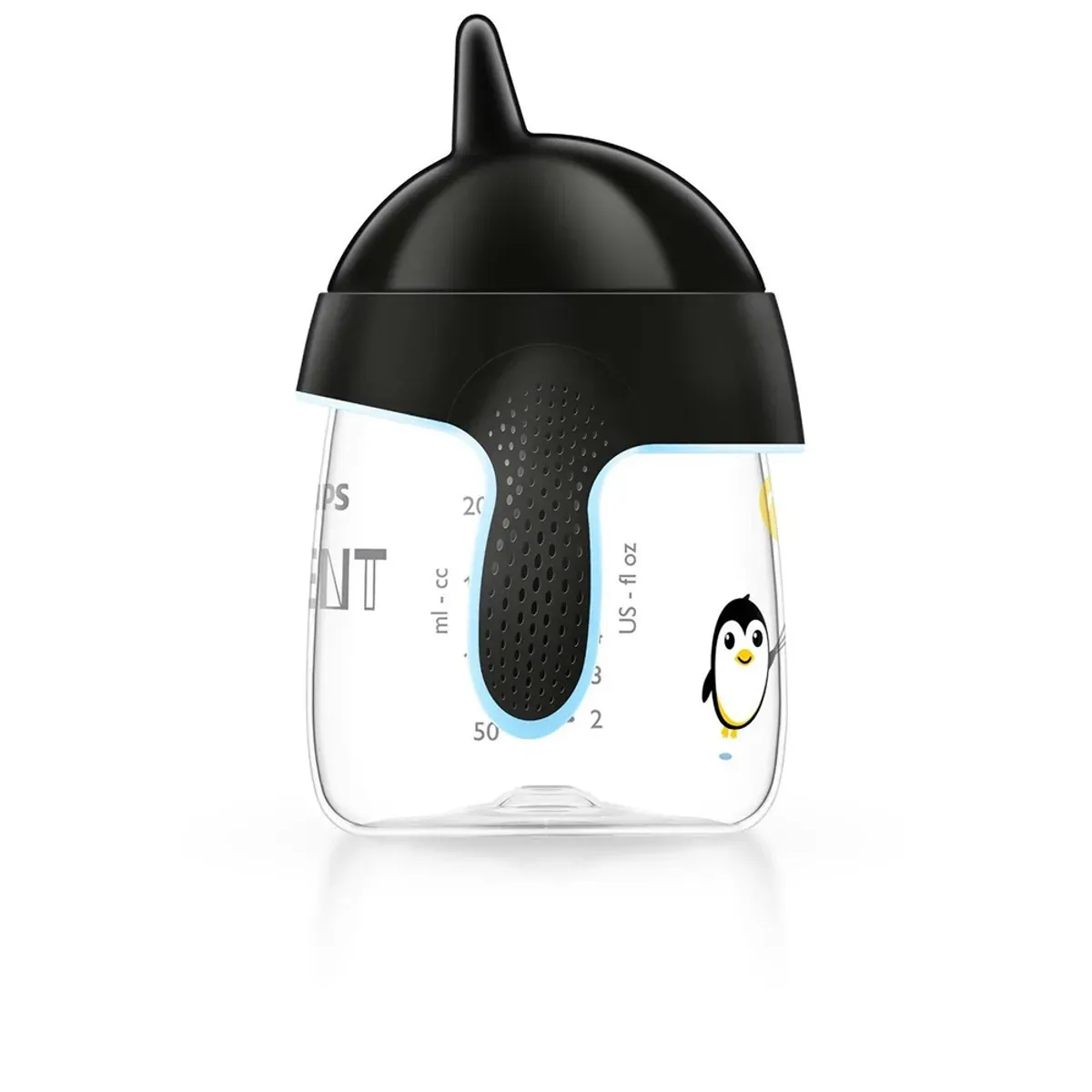 نمای کنار لیوان My Penguin فیلیپس اونت مشکی با دسته‌ی لاستیکی سوراخ‌دار ضدلغزش