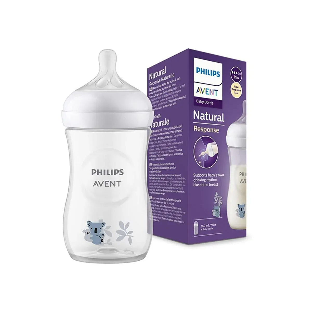 شیشه شیر فیلیپس اونت Natural Response 260 میلی‌لیتر با طرح کوالا، کنار جعبه‌ی بنفش، نمای روبه‌رو