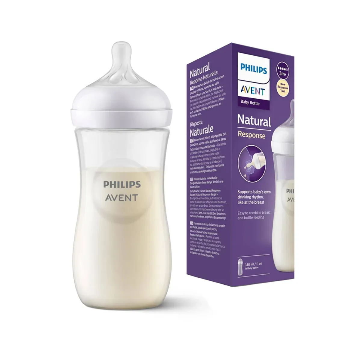 شیشه شیر Natural Response فیلیپس اونت 330 میلیلیتر با شیر داخل آن کنار جعبه بنفش، نمای روبهرو