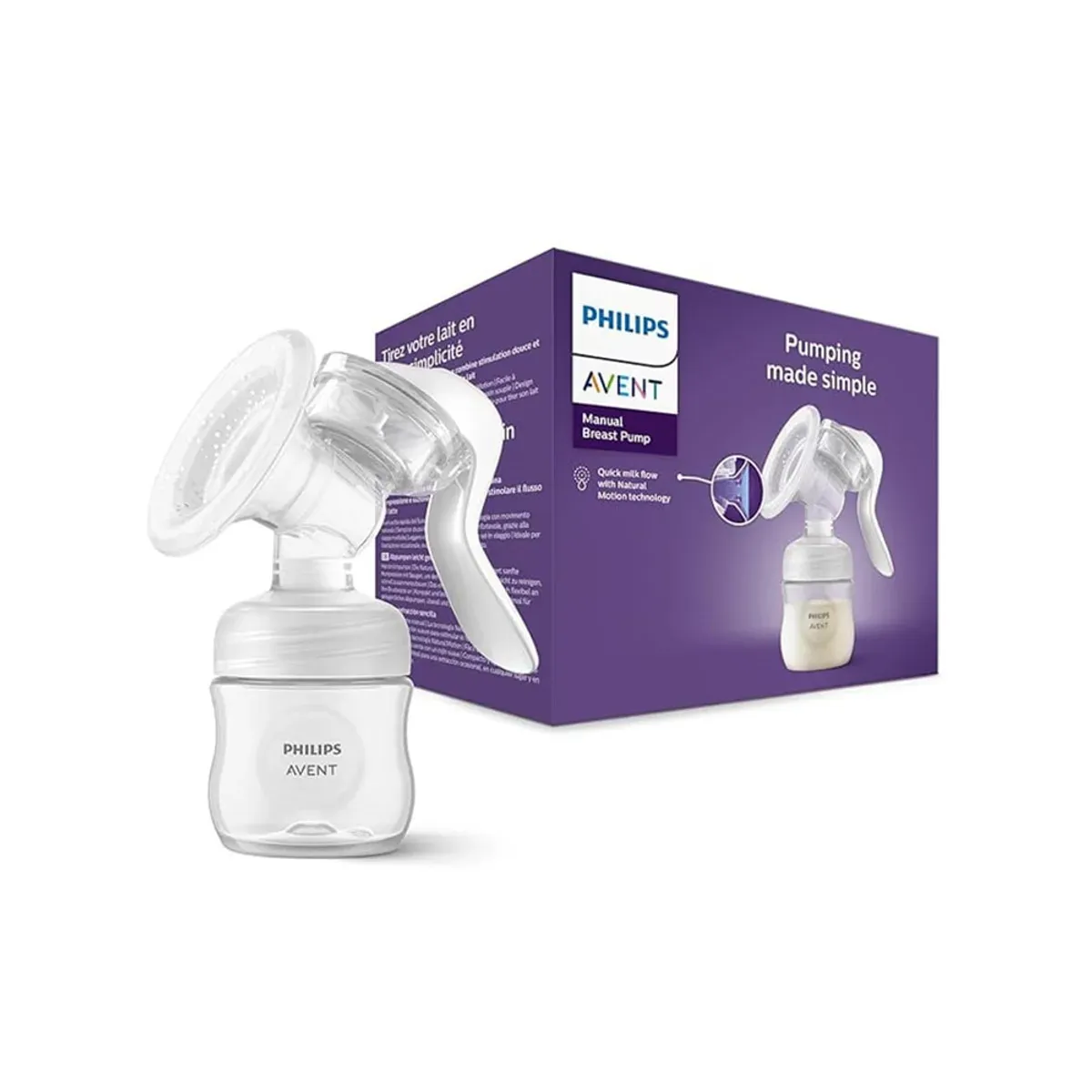 شیردوش دستی فیلیپس اونت SCF430/01 همراه شیشه شیر Natural و جعبه‌ی بنفش، نمای روبه‌رو