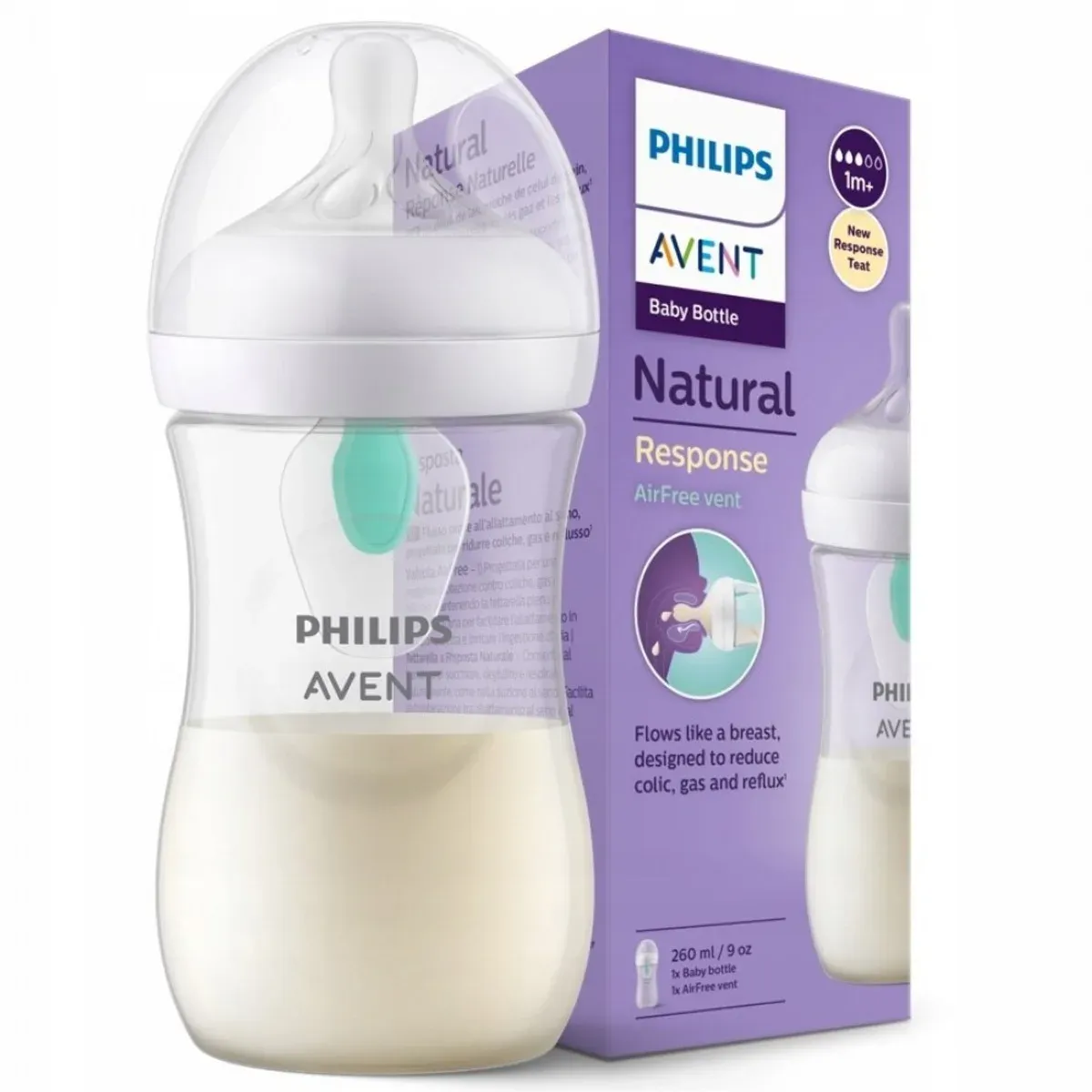 شیشه شیر Natural Response فیلیپس اونت 260 میلی‌لیتر با دریچه‌ی AirFree کنار جعبه‌ی بنفش