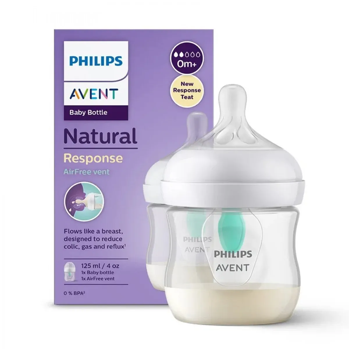 جعبه‌ی بنفش و شیشه شیر Natural Response فیلیپس اونت 125 میلی‌لیتر با دریچه‌ی AirFree سبز