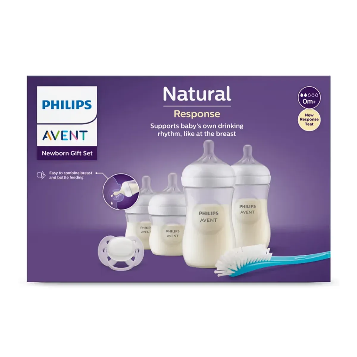 جعبه‌ی بنفش ست هدیه‌ی نوزاد فیلیپس اونت Natural Response با چهار شیشه شیر، پستانک و برس روی آن