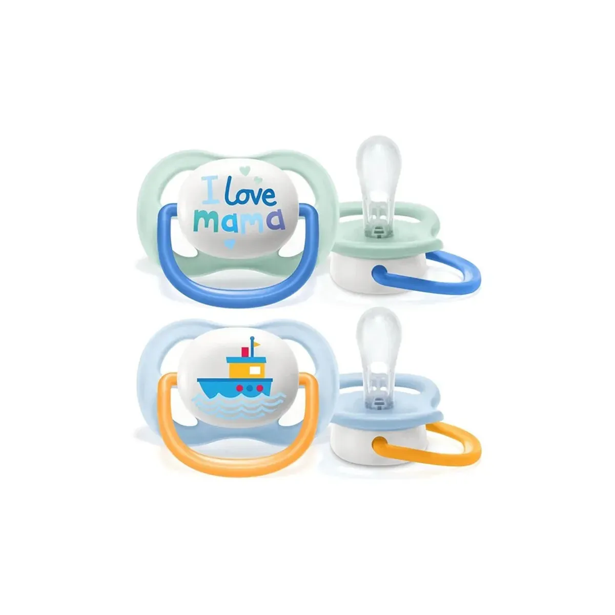 دو پستانک فیلیپس اونت Ultra Air Happy با طرح I love mama سبز و قایق آبی، از روبه‌رو و از کنار