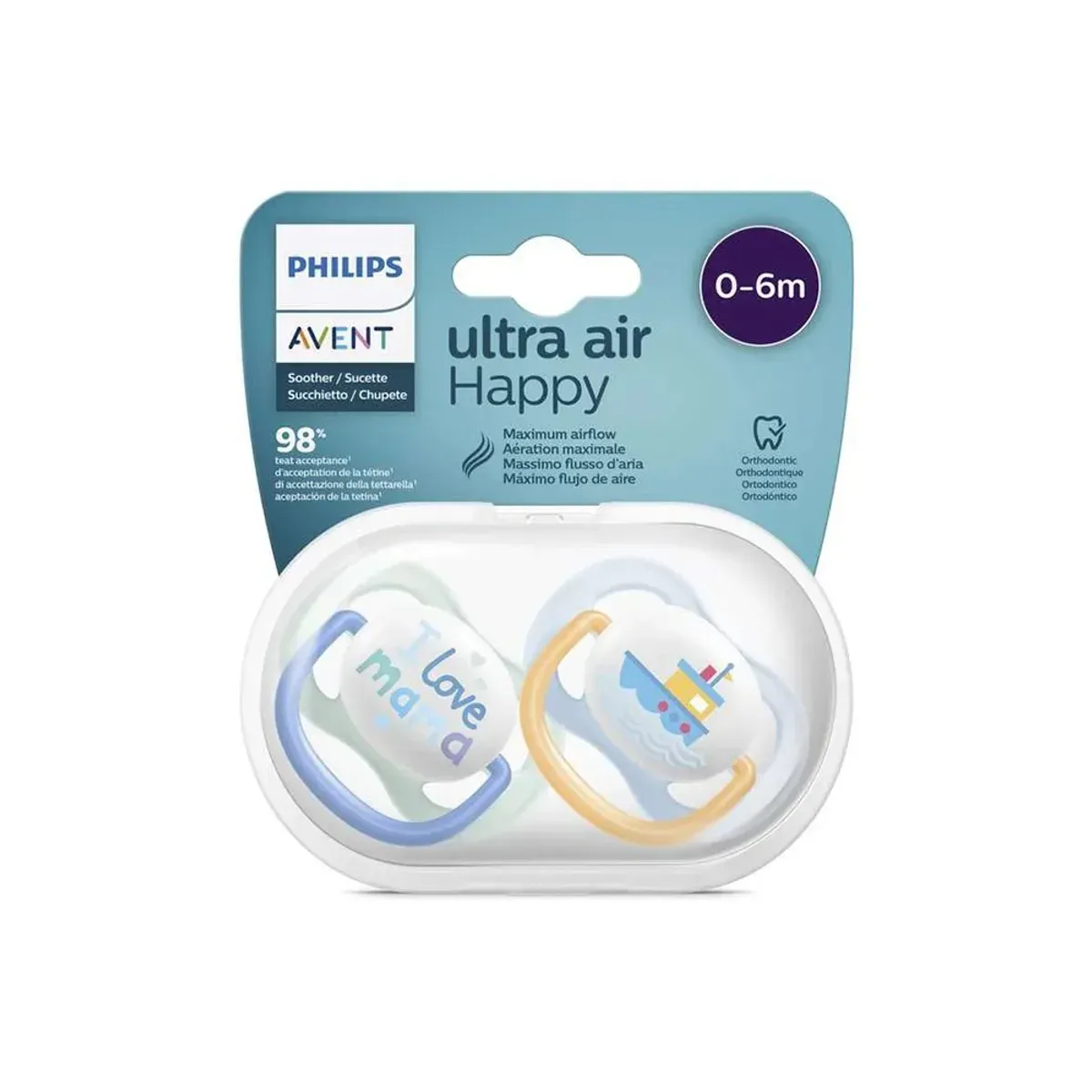 بسته‌ی فیلیپس اونت ultra air Happy مناسب 0 تا 6 ماه با دو پستانک در جعبه‌ی حمل، نمای روبه‌رو