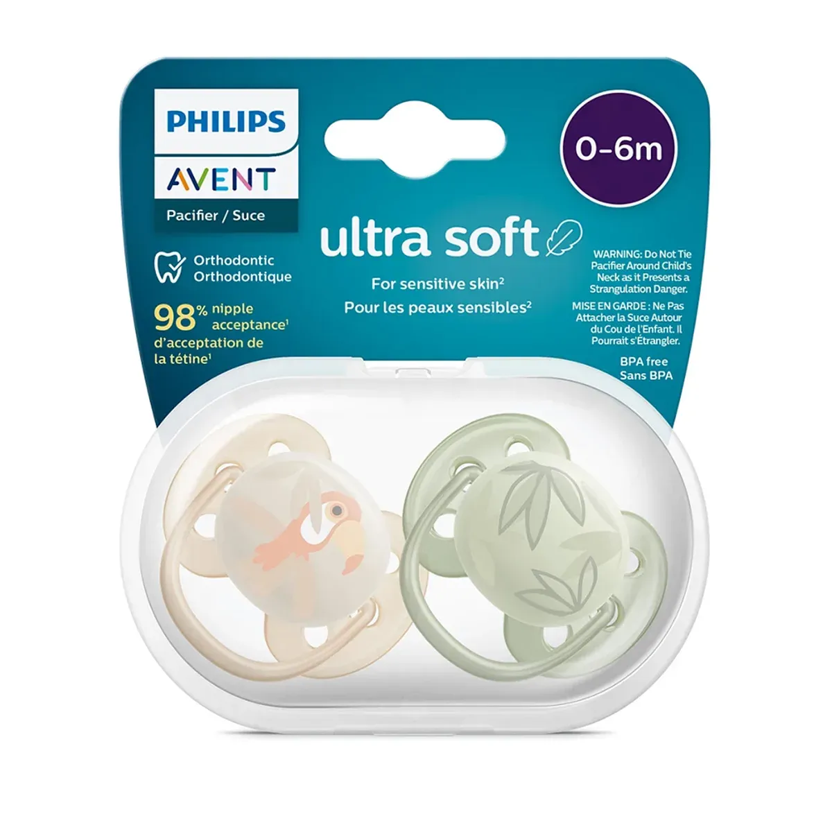 بسته‌ی دو عددی پستانک Ultra Soft فیلیپس اونت 0 تا 6 ماه، بسته‌بندی با متن انگلیسی و فرانسوی