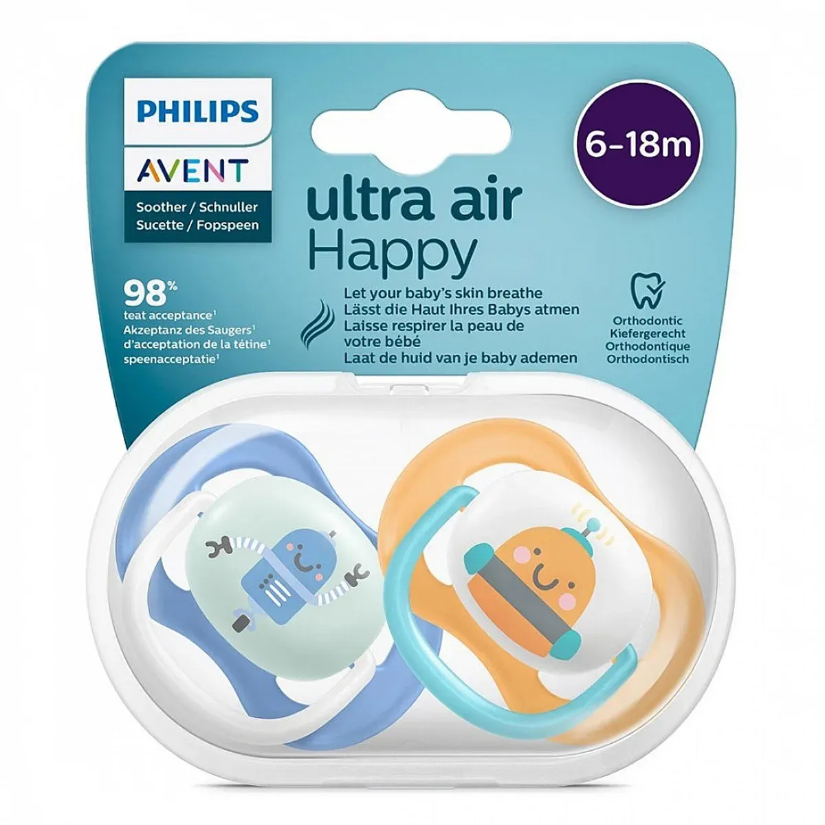 بسته‌ی دو‌عددی پستانک ultra air Happy فیلیپس اونت 6 تا 18 ماه همراه جعبه‌ی حمل شفاف
