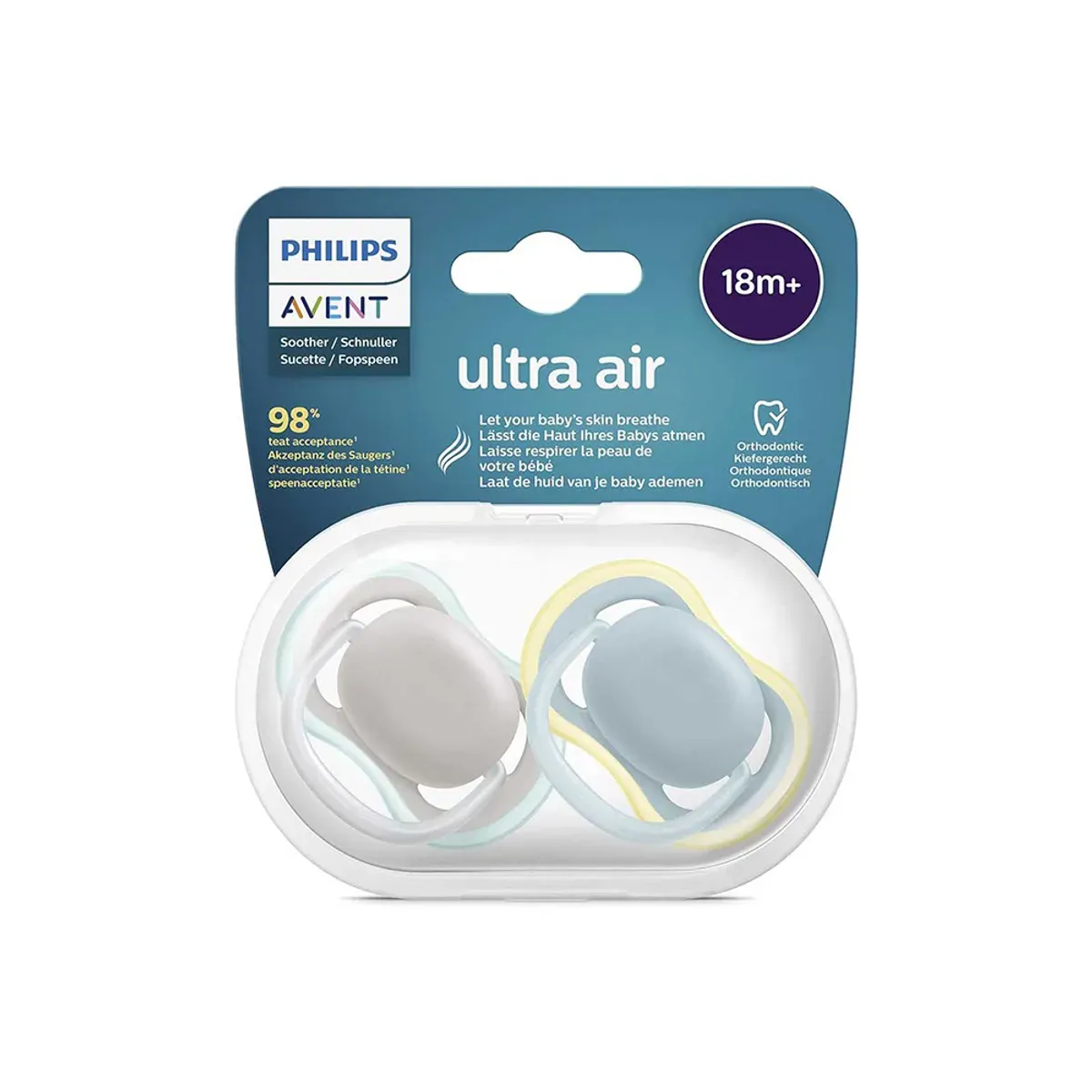 بسته‌بندی دو پستانک Ultra Air فیلیپس اونت با جعبه نگهداری شفاف و نشان 18 ماه به بالا