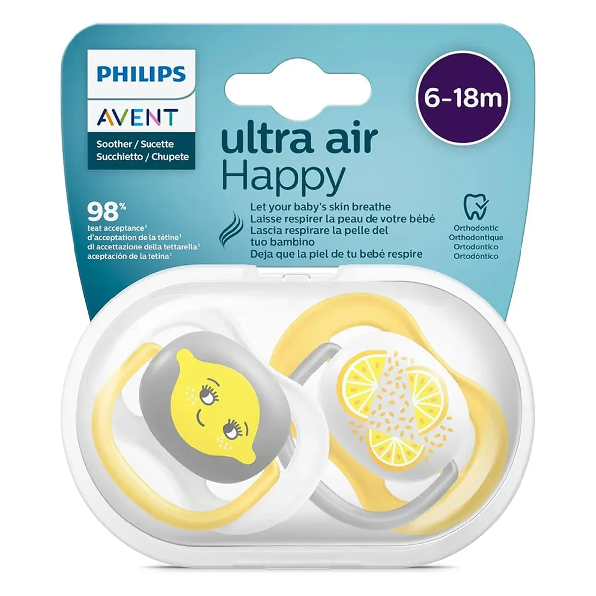بسته‌ی دو پستانک Ultra Air Happy فیلیپس اونت 6-18 ماه داخل جعبه‌ی شفاف با طرح لیمو و برچسب 98 درصد پذیرش