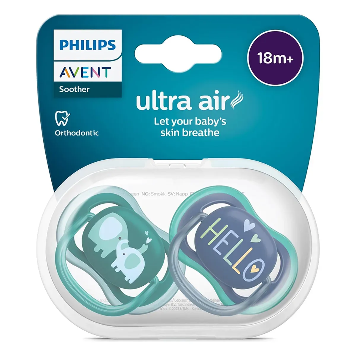 پستانک ultra air فیلیپس اونت بنفش با نوشته‌ی LOVE روی میز، با اسباب‌بازی پشت آن