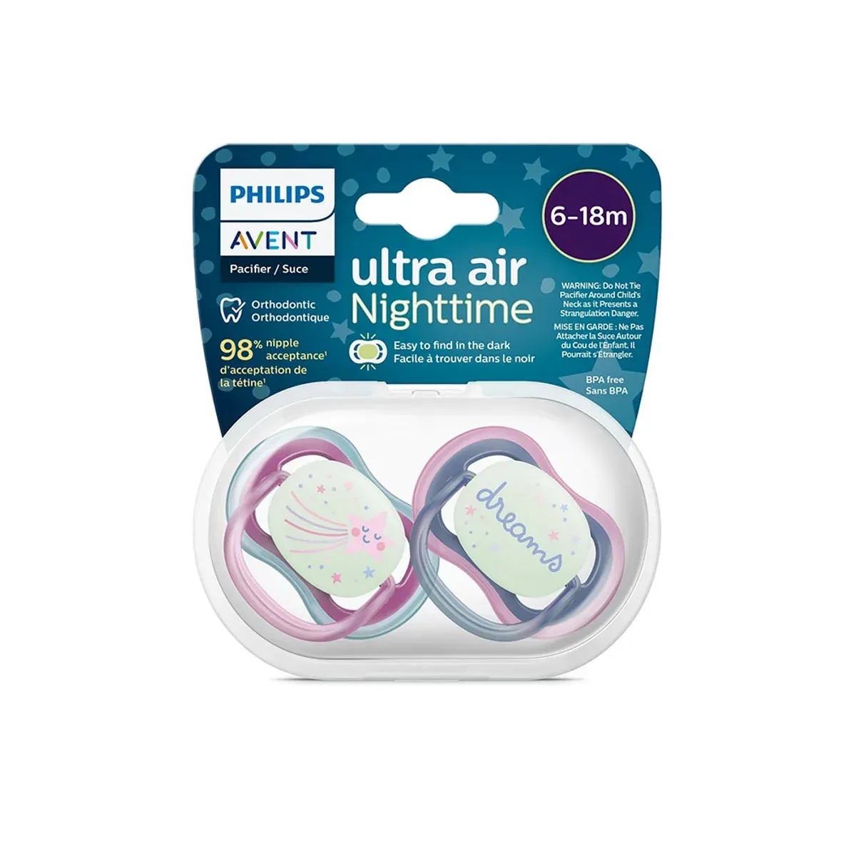 بسته‌بندی دو پستانک فیلیپس اونت Ultra Air Nighttime 6-18m با طرح ستاره و dreams داخل جعبه‌ی شفاف