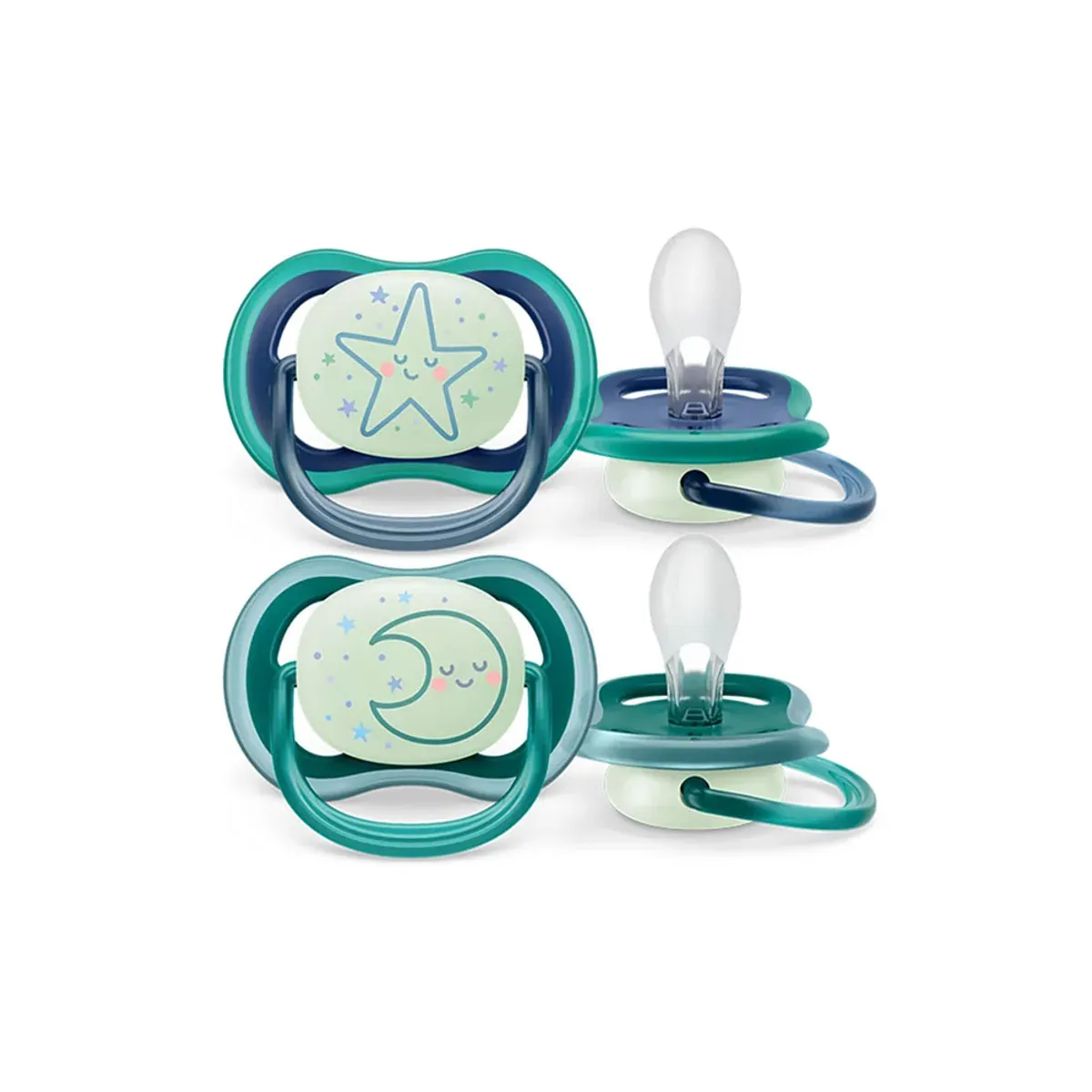 دو پستانک شب‌تاب سبز و آبی فیلیپس اونت Ultra Air Nighttime با طرح ستاره و ماه، روبه‌رو و پشت