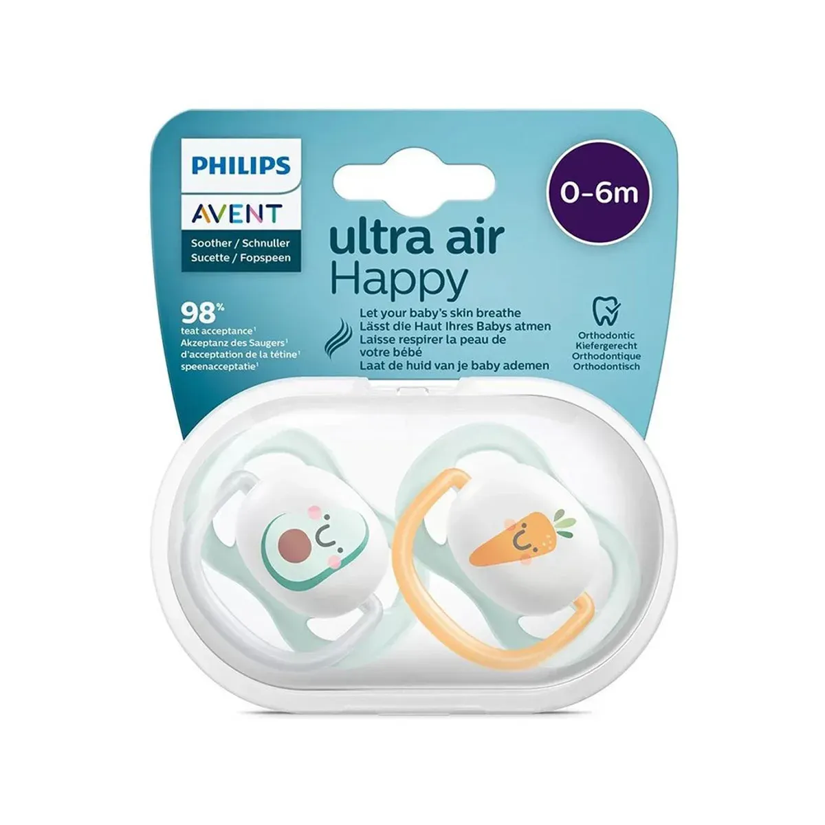 بسته‌ی دو عددی پستانک ultra air Happy فیلیپس اونت 0 تا 6 ماه با طرح آووکادو و هویج در جعبه‌ی حمل