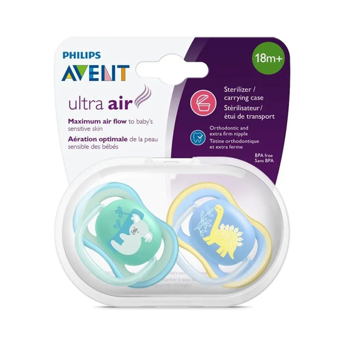 بسته‌ی دو عددی پستانک ultra air فیلیپس اونت از 18 ماهگی با طرح کوالا و دایناسور در جعبه‌ی حمل