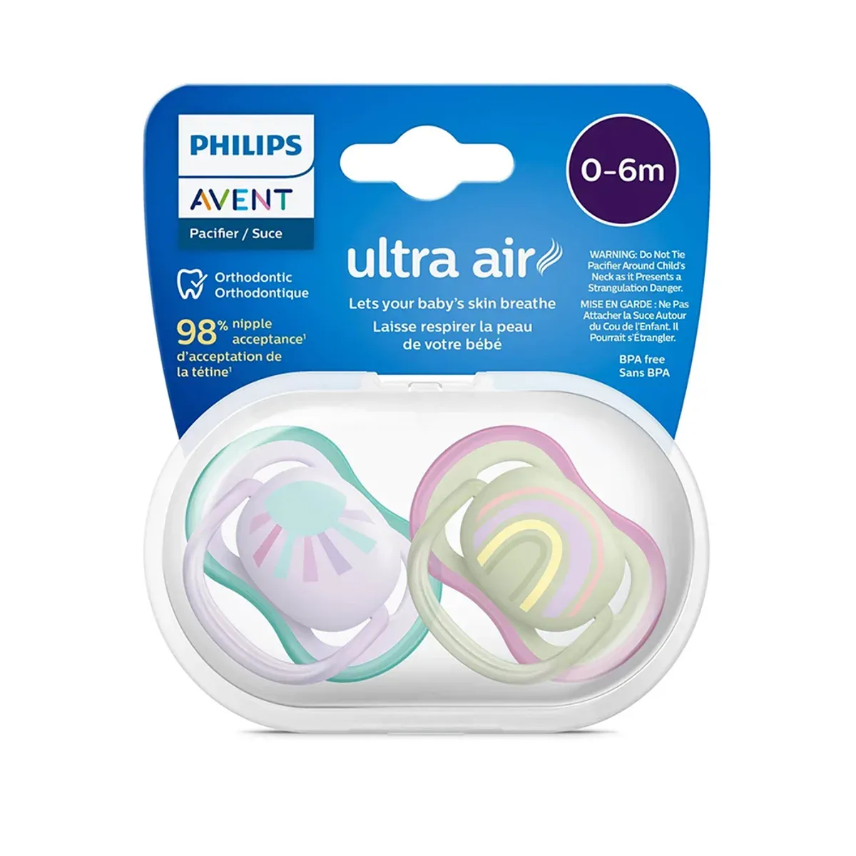 بسته‌ی دو عددی پستانک ultra air فیلیپس اونت 0 تا 6 ماه با طرح بنفش و سبز در جعبه‌ی حمل