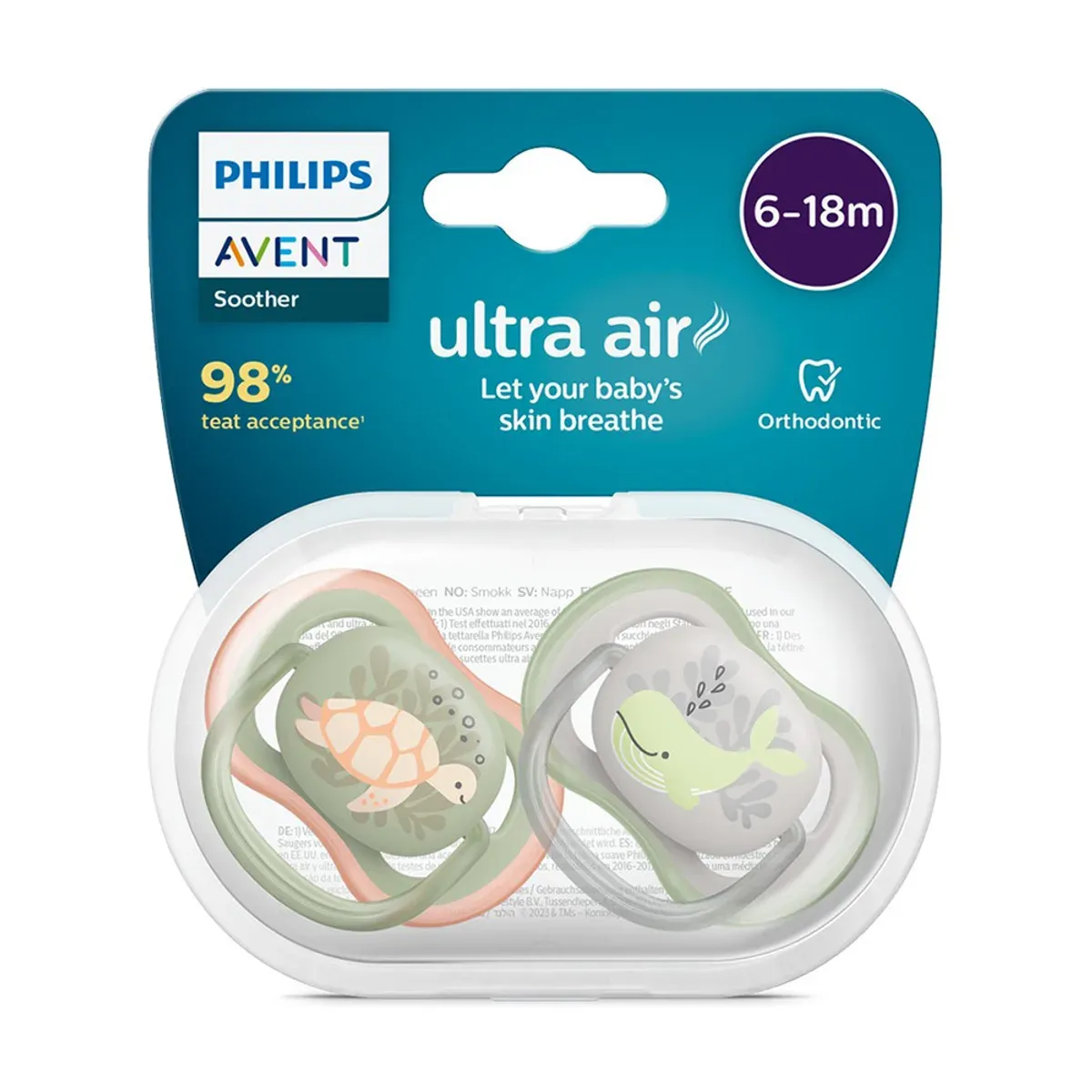 بسته‌ی پستانک فیلیپس اونت Ultra Air 6 تا 18 ماه با دو پستانک در کیف استریل‌کننده، نمای روبه‌رو