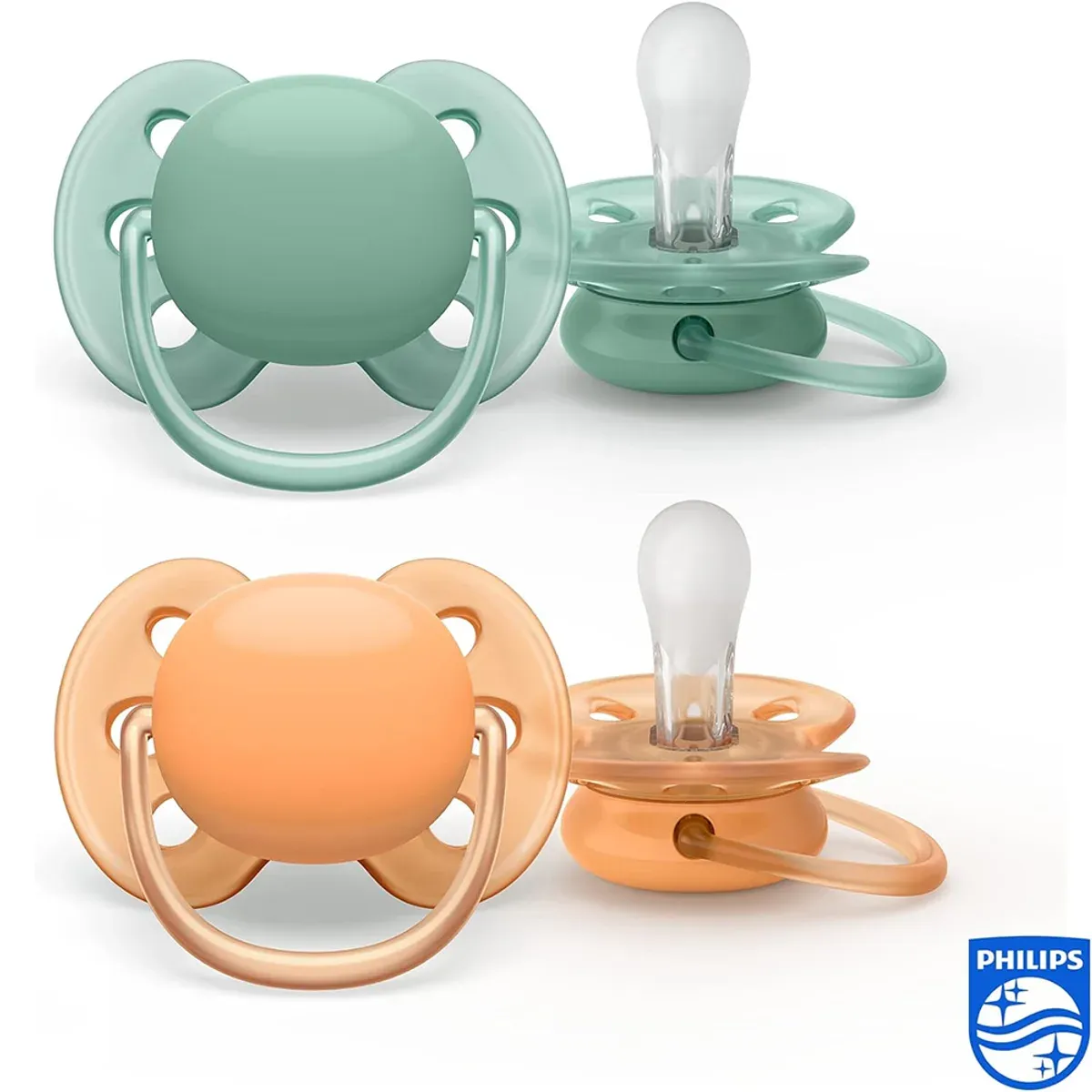 دو پستانک ultra soft فیلیپس اونت سبز و نارنجی از روبه‌رو و کنار با سرپستانک شفاف سیلیکونی
