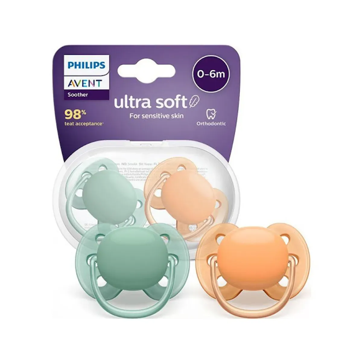 بسته‌بندی فیلیپس اونت ultra soft مناسب 0 تا 6 ماه با دو پستانک در جعبه‌ی حمل شفاف