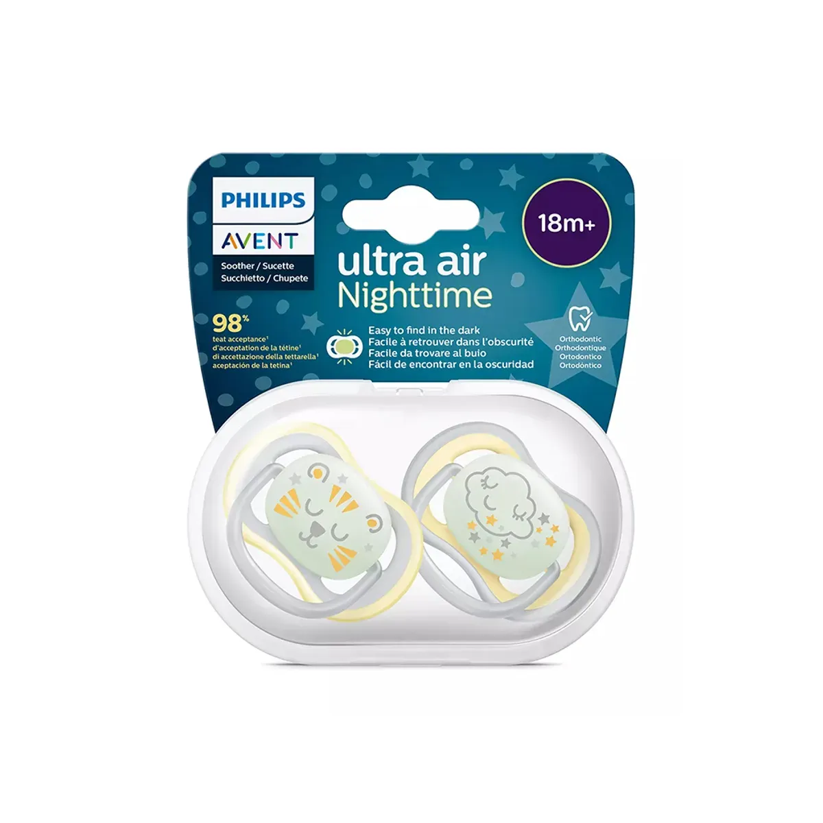 بسته‌بندی دو پستانک فیلیپس اونت Ultra Air Nighttime 18m+ با طرح ببر و ابر داخل جعبه‌ی شفاف