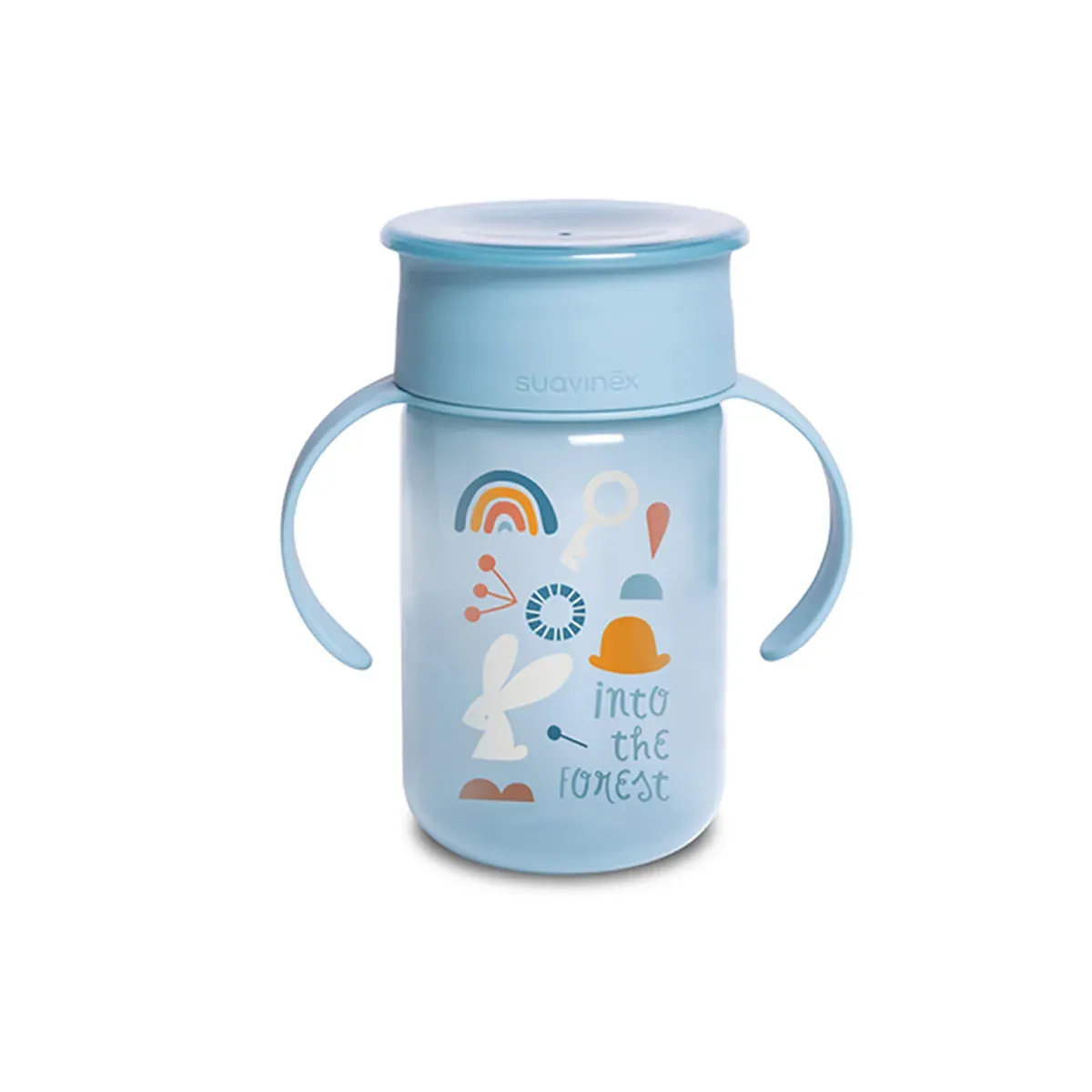 لیوان آموزشی 360 Training Cup سوآوینکس آبی با طرح خرگوش و رنگین‌کمان، دسته‌های آبی و درپوش، نمای روبه‌رو