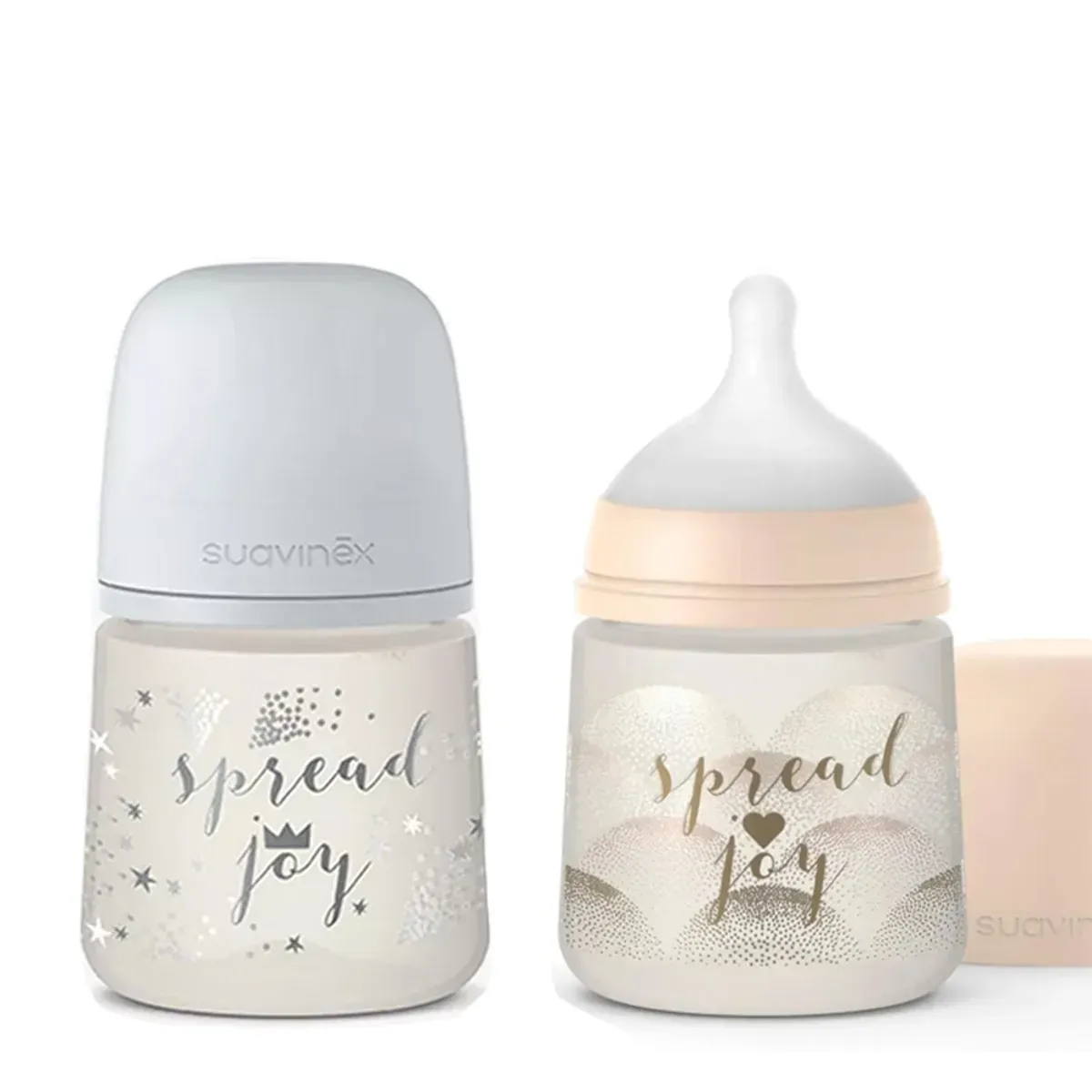 دو شیشه شیر 150 میلی‌لیتری Spread Joy سوآوینکس، یکی با درپوش طوسی و نوشته‌ی تاج خاکستری و دیگری با سرشیشه