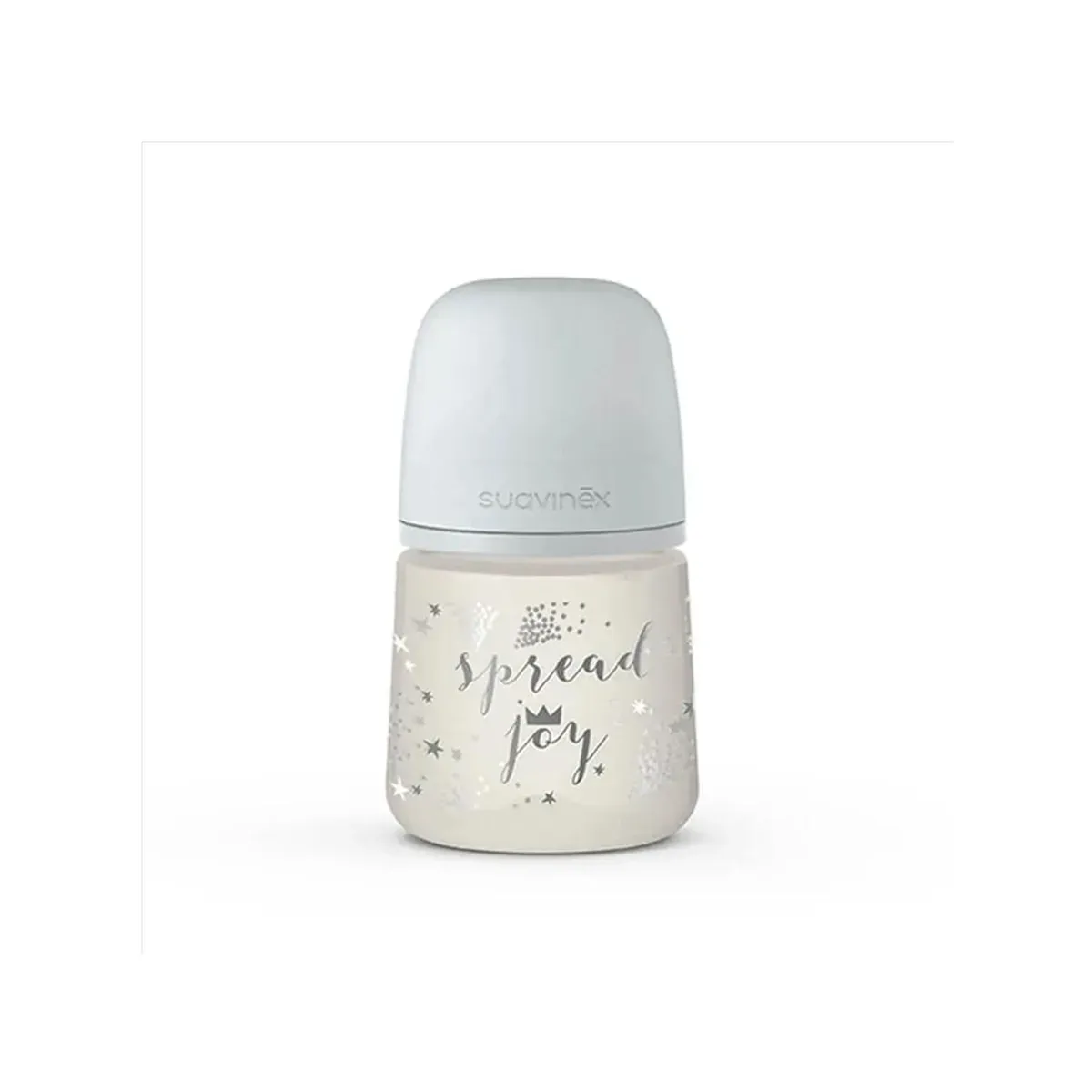 شیشه شیر 150 میلی‌لیتری Spread Joy سوآوینکس با درپوش آبی خاکستری و تاج خاکستری، نمای روبه‌رو