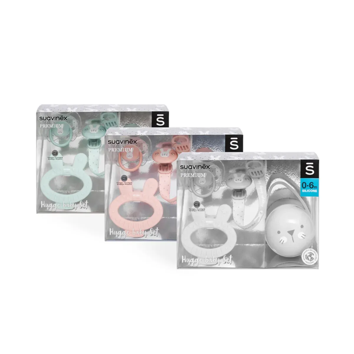 سه جعبه‌ی ست هدیه‌ی Hygge Baby Set سوآوینکس Premium 0 تا 6 ماه سبز، صورتی و سفید با اقلام قابل‌دیدن از پشت طلق