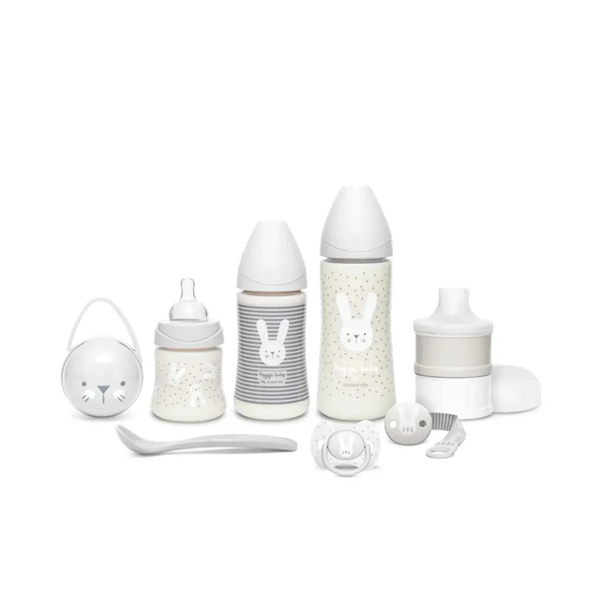 ست آغازین سوآوینکس Welcome Baby Set سفید با طرح خرگوش؛ سه شیشه شیر، پستانک، قاب، قاشق و محفظه‌ی شیرخشک