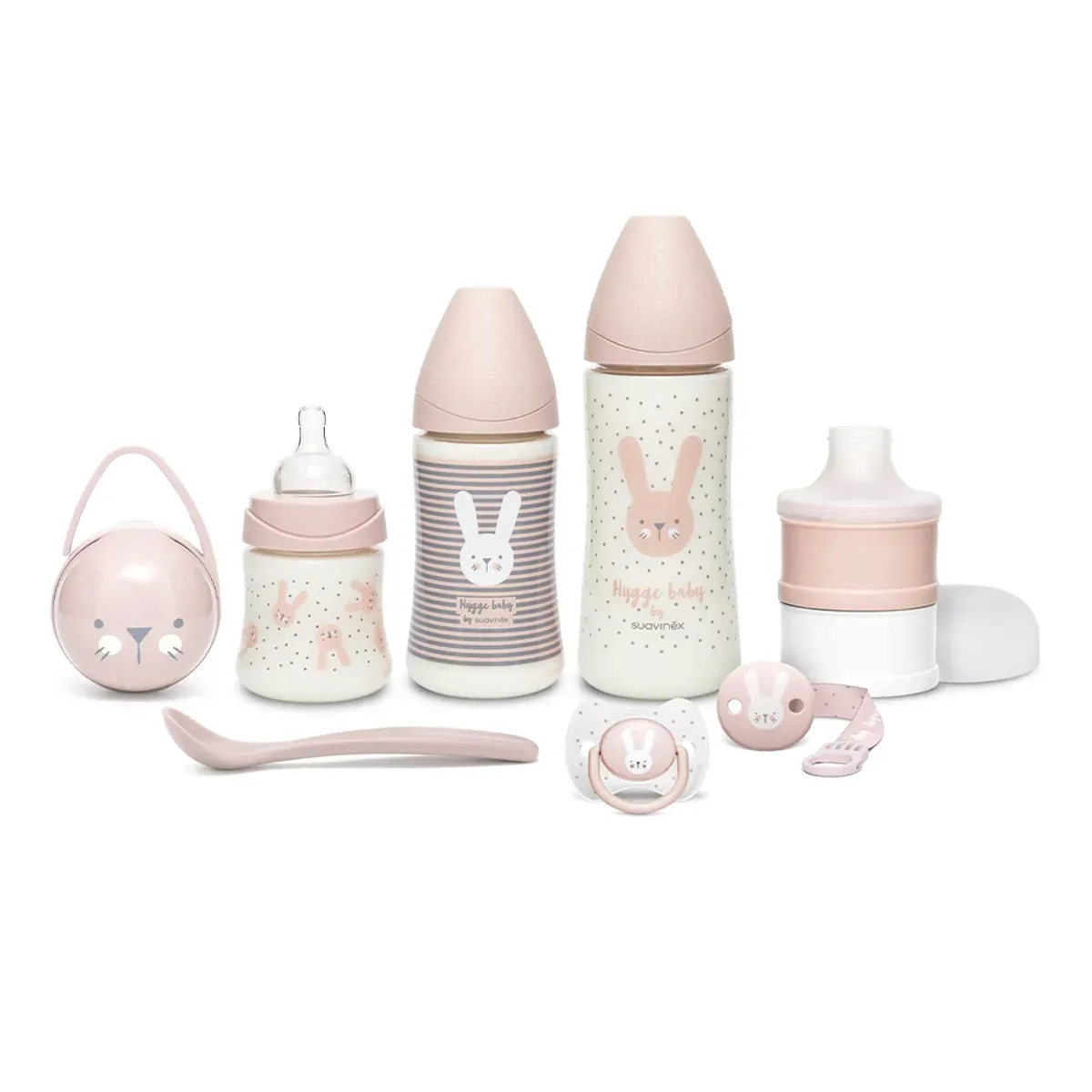 ست آغازین سوآوینکس Welcome Baby Set رنگ صورتی؛ شیشه شیر‌ها، قاب پستانک، قاشق و محفظه‌ی شیرخشک