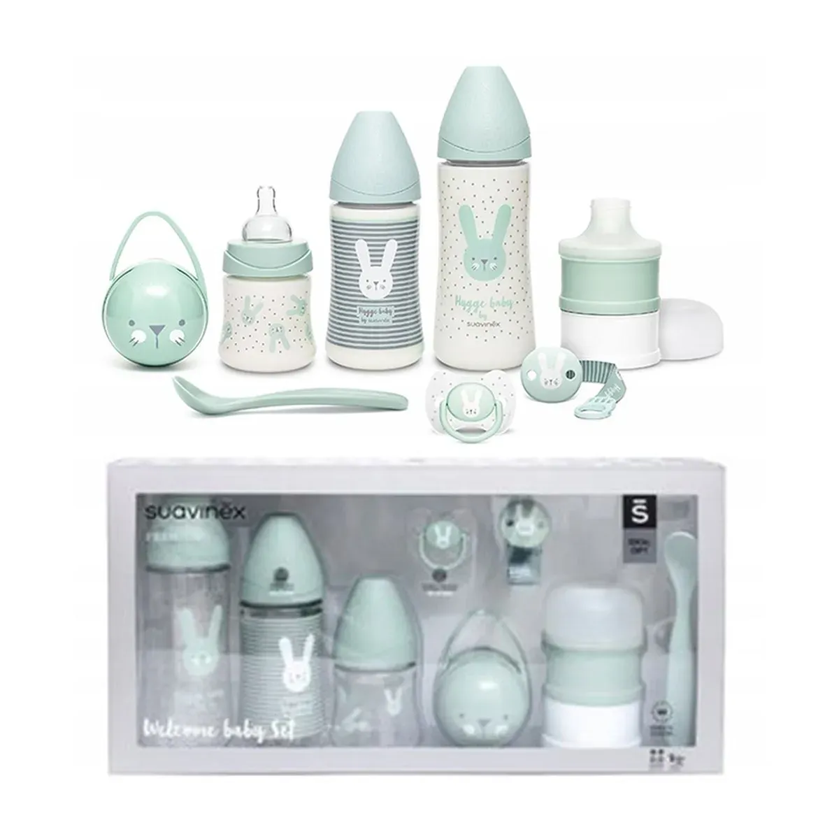 ست آغازین سوآوینکس Welcome Baby Set رنگ سبز؛ اجزای ست در کنار جعبه‌ی شفاف