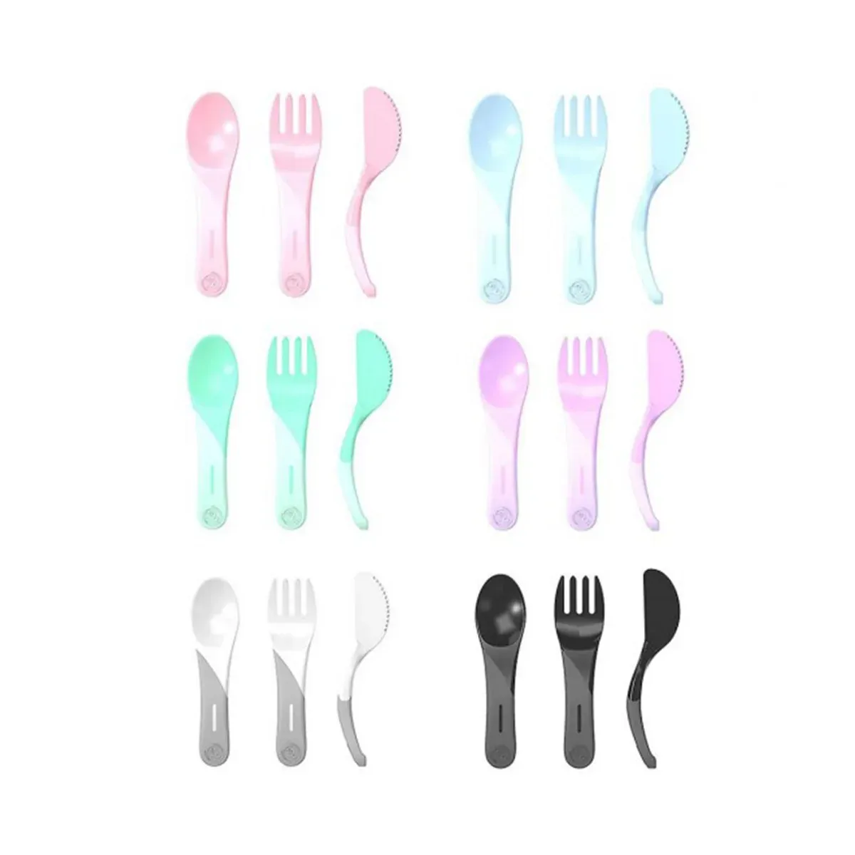 شش ست قاشق، چنگال و کارد تویست شیک Learn Cutlery در رنگ‌های صورتی، آبی، سبز، یاسی، سفید-خاکستری و مشکی