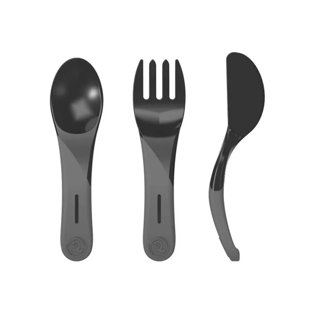ست قاشق، چنگال و کارد تویست شیک Learn Cutlery رنگ مشکی و خاکستری تیره، نمای روبه‌رو
