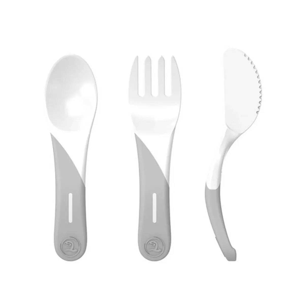 ست قاشق، چنگال و کارد تویست شیک Learn Cutlery رنگ سفید با دسته‌ی خاکستری، نمای روبه‌رو