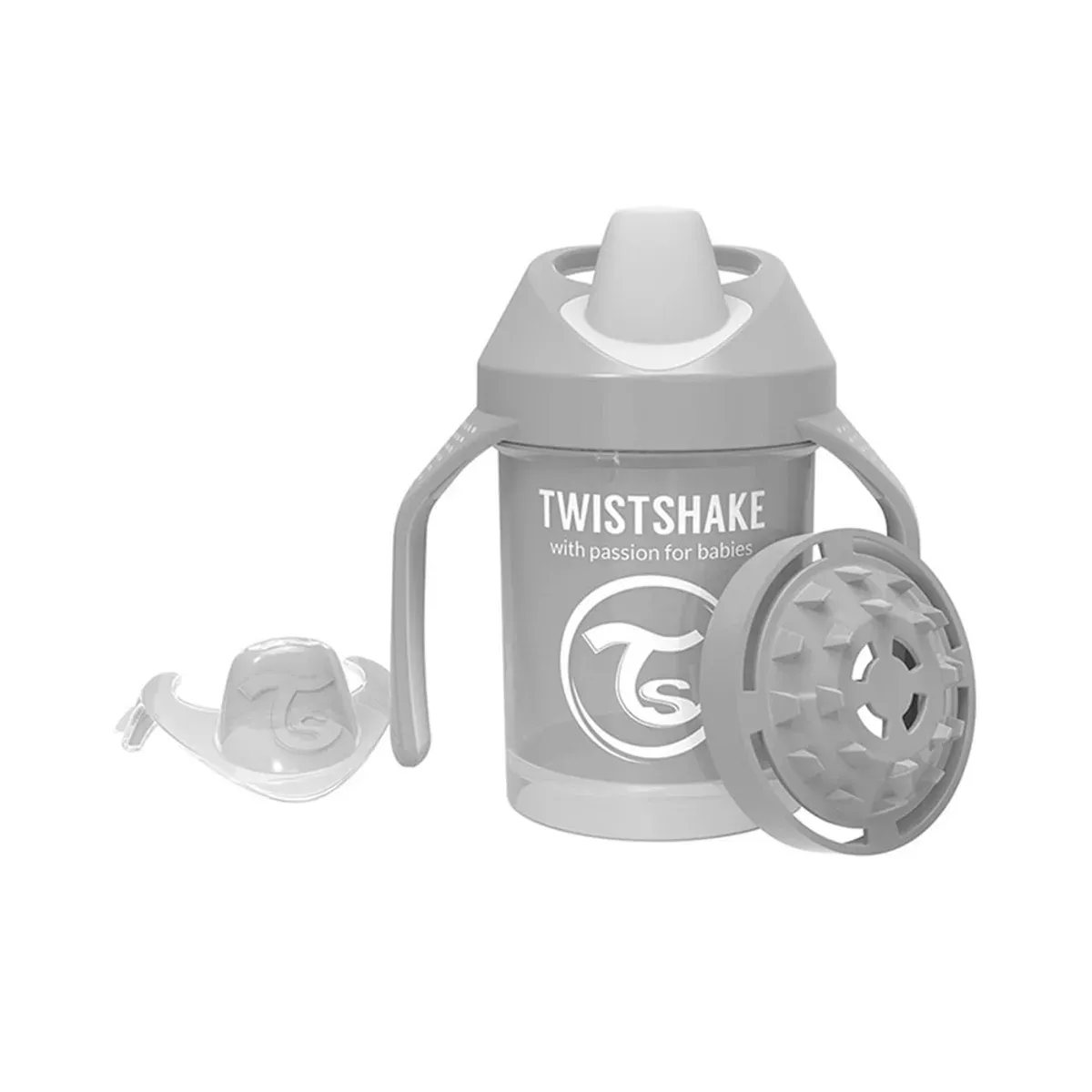 لیوان تویست شیک Mini Cup خاکستری با سر نی سیلیکونی و توری مخلوط‌کن جداشده